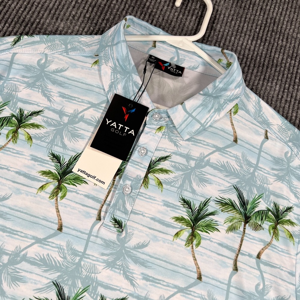 Yatta Golf Polo Shirt Mens XL Extra Large Blue Palm Tree Short Sleeve Casual New